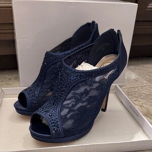 Elegant Navy Lace Peep-Toe Heels